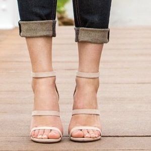 Blush suede strappy sandal heels, dress up or down